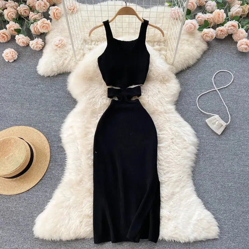 Cheky - YuooMuoo Women Dress Sexy Cut Out Waist Package Hips Split Bodycon Dress Summer Fashion Lady Knitted Party Vestidos Sundress