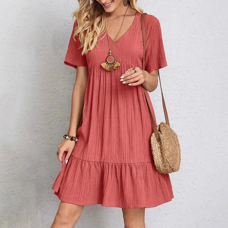 Cheky - Summer Womens Short Sleeve Mini Dress Ladies Pleated Ruffle Solid Dresses Casual V Neck Vintage Loose Vestidos