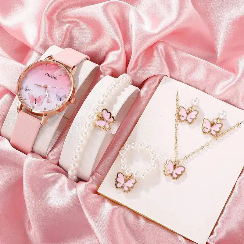 Cheky - 6PCS Set Women Fashion Quartz Watch Female Clock Pink Butterfly Dial Luxury Brand Design Ladies Leather Wrist Watch Montre Femme