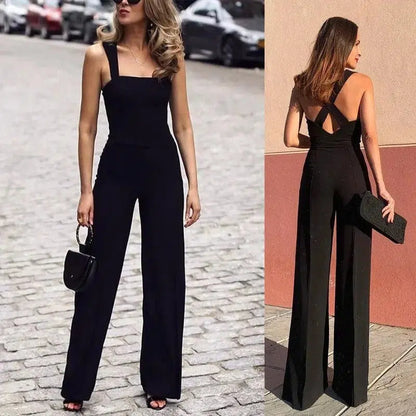 Cheky - New Women's Elegant Jumpsuit Spaghetti Sleeveless Backless Wide Leg Pants Fashion Solid Evening Party Formal Rompers