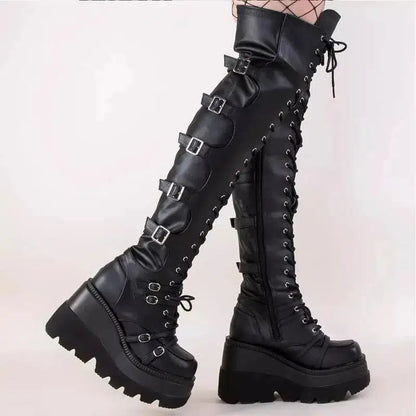 Cheky - Gothic Thigh High Boots Women Platform Wedges Motorcycle Boot Over The Knee Army Stripper Heels Punk Lace-up Belt Buckle Long