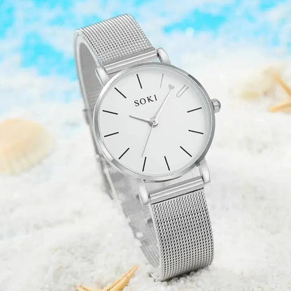 Cheky - 6pc Simple Silver Quartz Watch With Bracelet For Women Casual Fashion Round Simple Silver Watch Dainty Wheat Bracelets Set