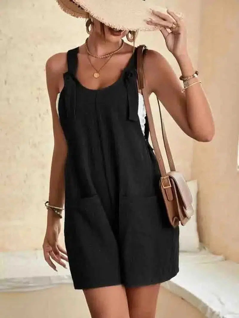 Cheky - Women's Casual Summer Short Rompers Overalls 2024 Loose Sleeveless Tie Knot Strap Jumpsuits with Pockets