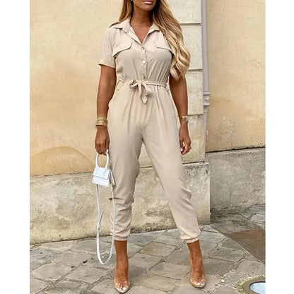 Cheky - Women's Monochromatic Belt Workwear Jumpsuit, Casual Pants, Flip Collar, Buckle, European and American, Summer, 2023