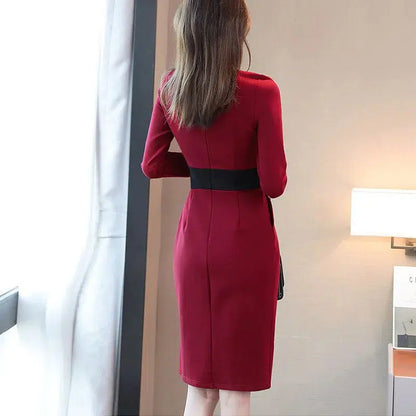 Cheky - Autumn Winter High Waist Buttons Bodycon Dress Women Elegant Fashion Evening Dresses Ladies Temperament Robe Vestido De Fiesta