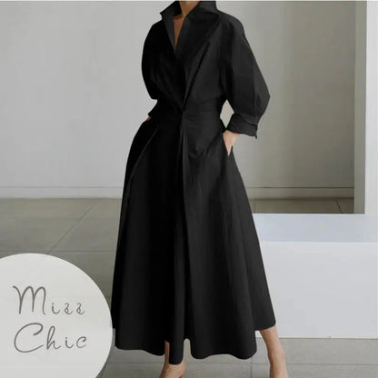 Cheky - S-5XL Korean Fashion Long Sleeve Shirt Dress Chic Turndown Neck Ruched Maxi Dress Women Autumn Winter Clothes Streetwear