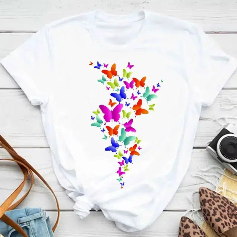 Cheky - New Fashion Women T-shirt Colorful Butterfly Petal Print Short Sleeve and Round Neck Cute Graphic Tee Shirts Female Tops Clothin