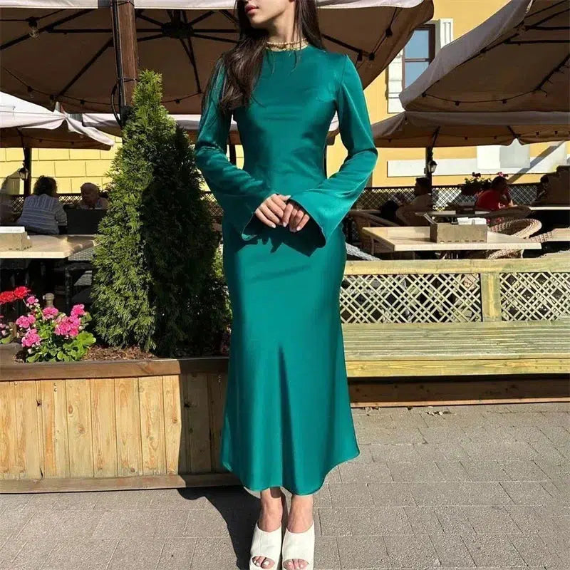 Cheky - Tossy Satin Fashion Slim Maxi Dress For Women Long Sleeve High Waist Elegant Solid Party Dress Casual Luxury Ladies Autumn Dress