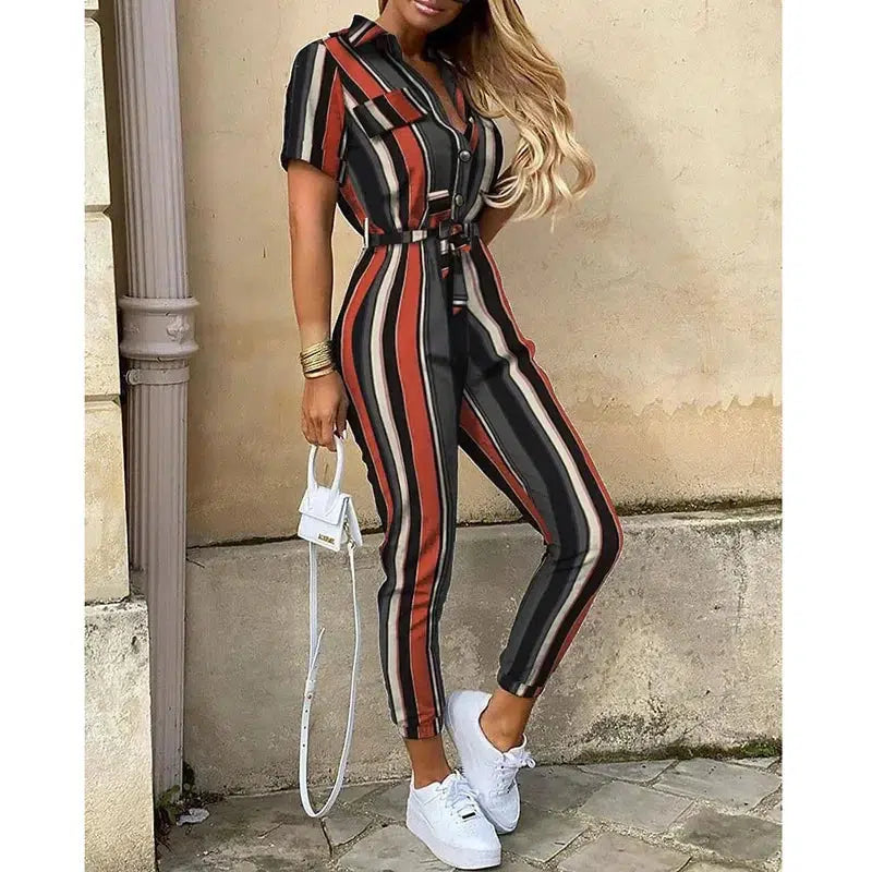 Cheky - Women's Monochromatic Belt Workwear Jumpsuit, Casual Pants, Flip Collar, Buckle, European and American, Summer, 2023