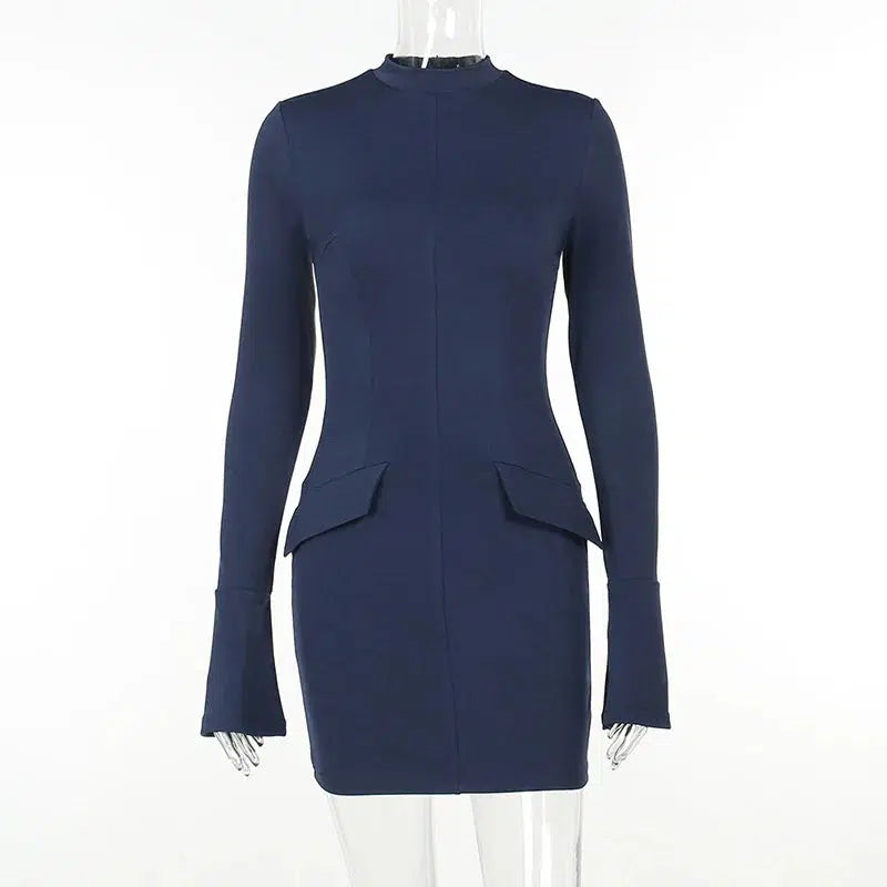 Cheky - Women Elegant Dark Blue Commuting Mini Dress Autumn Sexy Pocket Long Sleeve Bodycon Dresses Lady Chic Party Club Robe