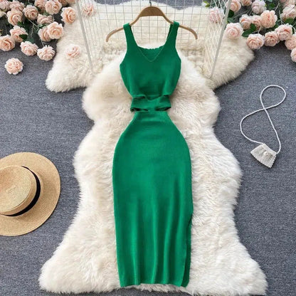 Cheky - YuooMuoo Women Dress Sexy Cut Out Waist Package Hips Split Bodycon Dress Summer Fashion Lady Knitted Party Vestidos Sundress