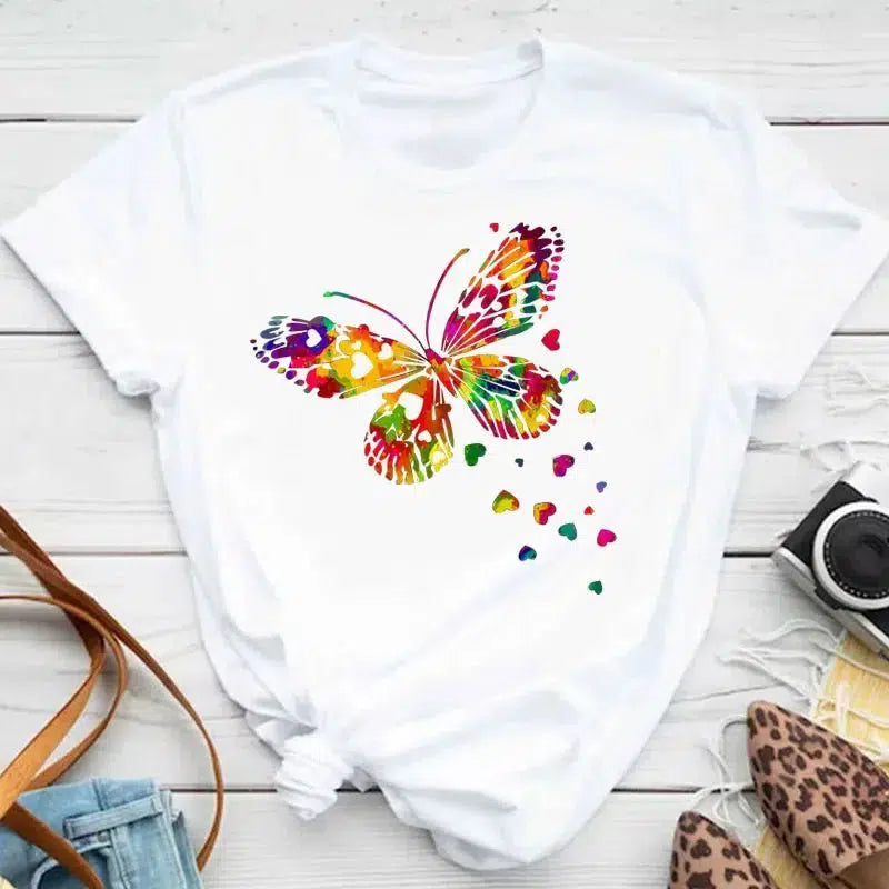 Cheky - New Fashion Women T-shirt Colorful Butterfly Petal Print Short Sleeve and Round Neck Cute Graphic Tee Shirts Female Tops Clothin