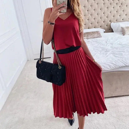 Cheky - Elegant Women V-Neck Pleated Dresses Summer Long Spaghetti Strap Dress Ladies Party Dresses Without Belt Vestidos De Fiesta