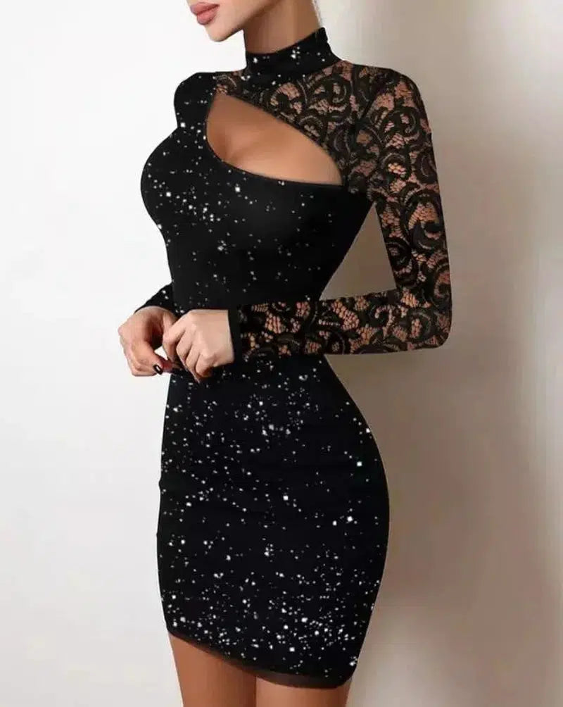 Cheky - Evening Dresses for Women New Elegant Sexy Party Wedding Guest Glitter Contrast Lace Cutout Long Sleeve Bodycon Mini Dress