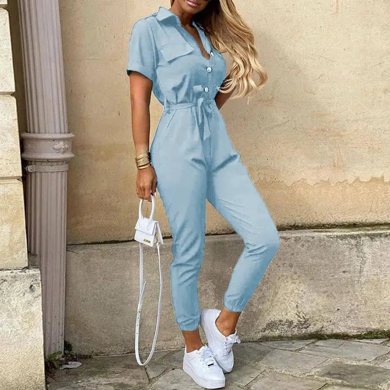 Cheky - Women's Monochromatic Belt Workwear Jumpsuit, Casual Pants, Flip Collar, Buckle, European and American, Summer, 2023