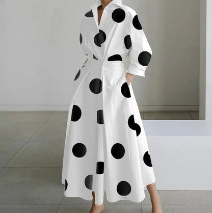 Cheky - White Dot Print Maxi Dress - Elegant Long Sleeve Autumn