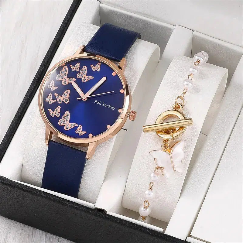 Cheky - 2pcs Set Womens Butterfly Watches Ladies Fashion Watch New Simple Casual Women Analog WristWatch Bracelet Gift