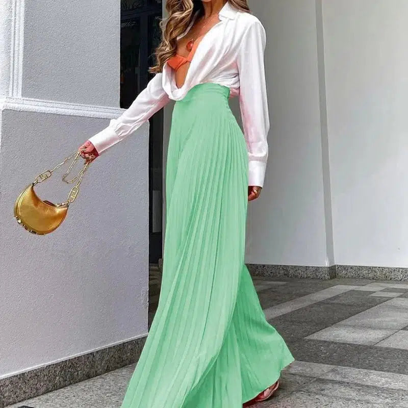 Cheky - Spring Autumn Women's Clothing Solid Color Fashion Elegant Pleated High Waist Long Wide-Leg Pants Temperament And Fashion