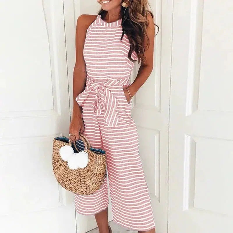 Cheky - Elegant Sexy Jumpsuits Women Sleeveless Striped Jumpsuit Trousers Wide Leg Pants Rompers Loose Style Belted Leotard Overalls