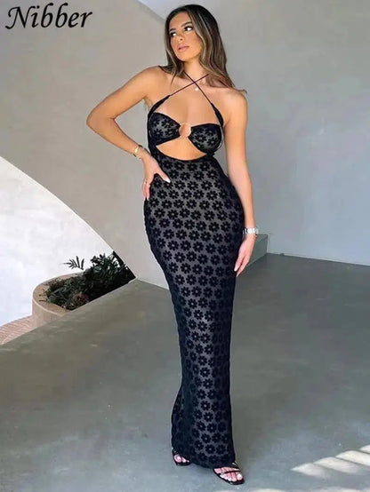 Cheky - Nibber Solid Color Hanging Neck Maxi Dress Sexy Hollow Women Perspective Bag Hips Robe Female Street Trendy Dresses Clothing