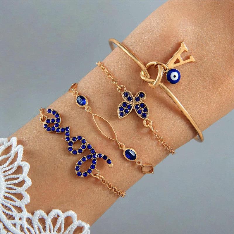 Cheky - 4pcs Blue Flower Love Butterfly Bracelet Set With Rhinestones Design Valentines Day