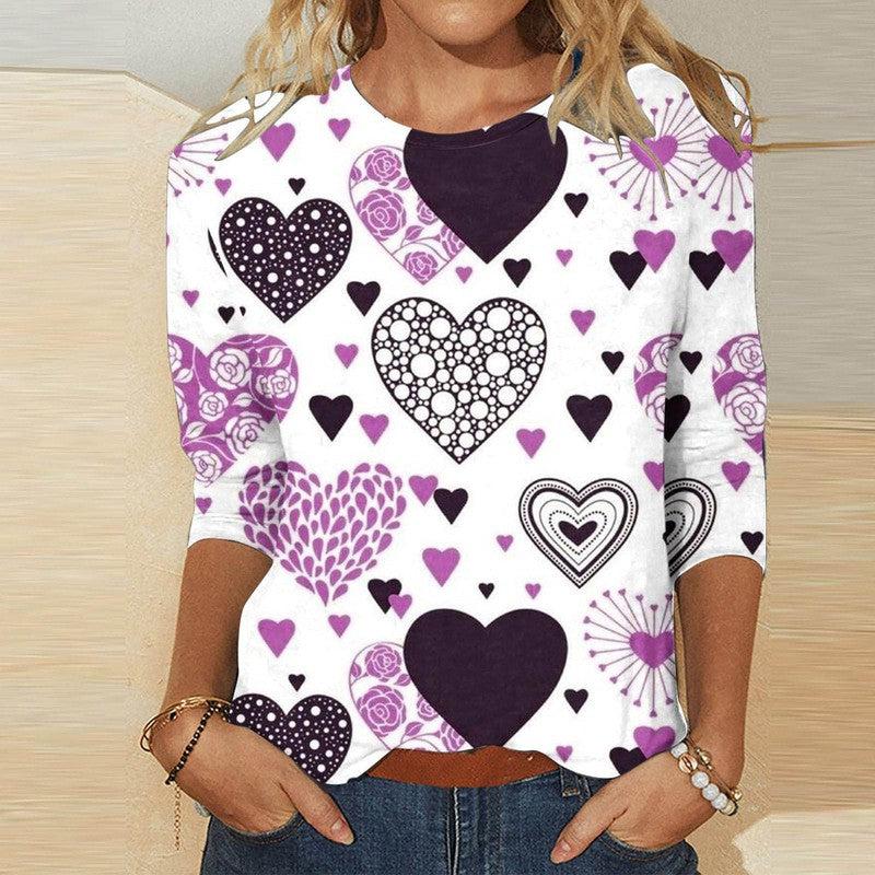 Cheky - Valentine's Day Female With Hearts Printing Crew Neck T-shirt Top