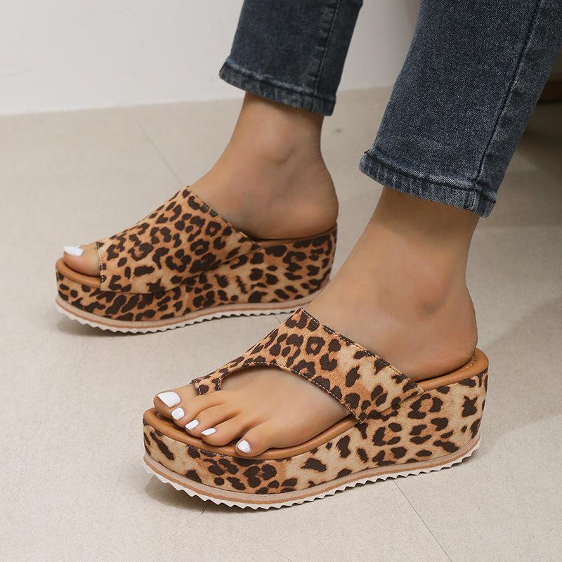 Cheky - Fashion Leopard Print Wedge Slippers For Women New Thick-sole High Heel Flip Flops Shoes Summer Outdoor Slippers