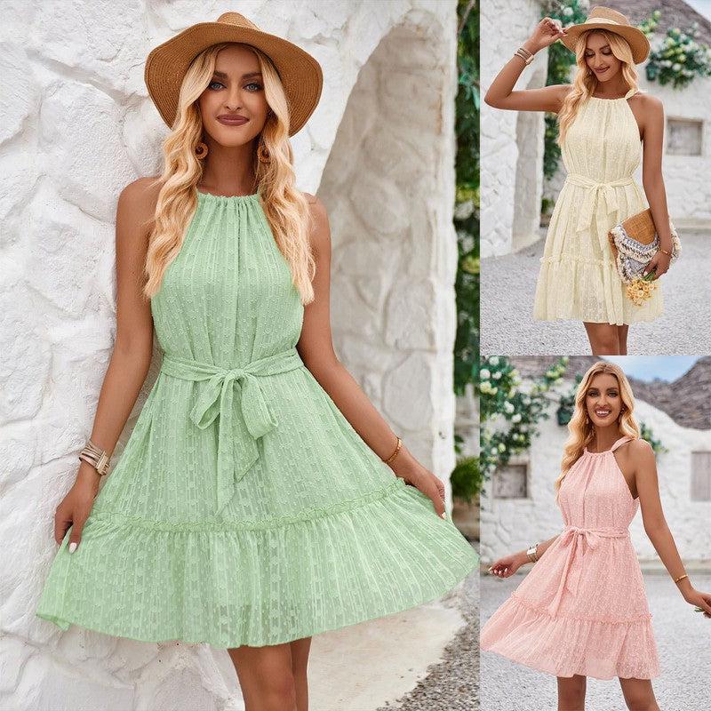 Cheky - Solid Color Halterneck Dress Summer Casual Lace Tie Waist Womens Clothing New Fashion Vacation Beach Dresses