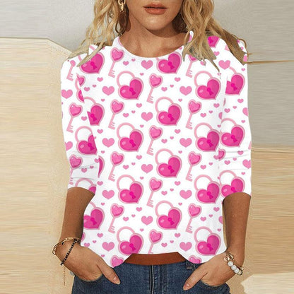 Cheky - Valentine's Day Female With Hearts Printing Crew Neck T-shirt Top