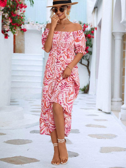 Cheky - Women's Off-shoulder Smocking Printed Dress