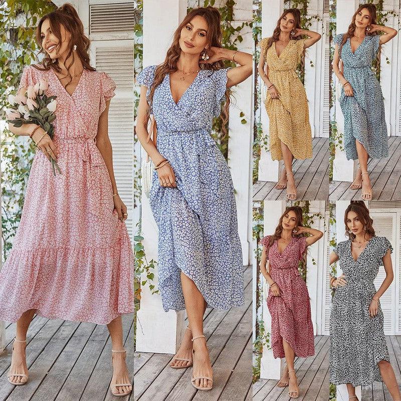 Cheky - Summer Dresses Ruffle Cap Sleeve V Neck Belt Wrap Split Boho Floral Long Casual Party Beach Dress