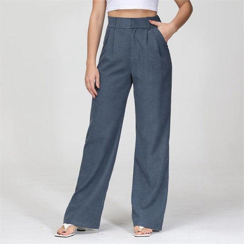 Cheky - High Waist Straight Trousers With Pockets Wide Leg Casual Suit Pants For Women