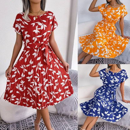 Cheky - Leaf Print Dress Women Short Sleeve Lace-up Skirt Summer Beach Dress