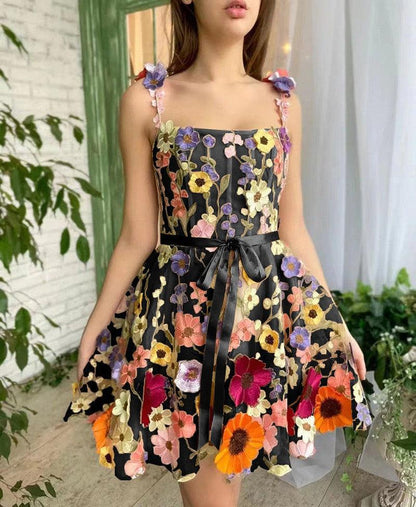 Cheky - Three-dimensional Flower Embroidery Dress Summer Fashion Sweet A-line Suspender Dresses For Womens Clothing