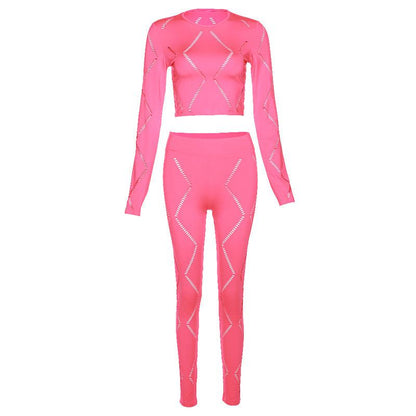 Cheky - Women's Hollow-out Ripped High Waist Tight Pants Casual Sports Suit