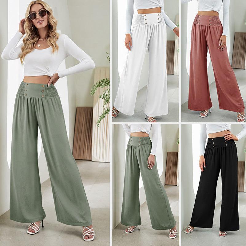 Cheky - Fashion Straight Wide Leg Pants Elastic High Waist Casual Trousers For Women