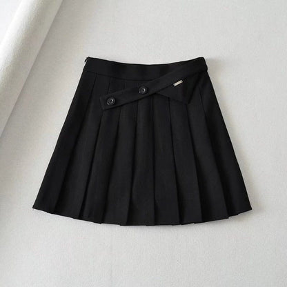 Cheky - New Summer Oblique Button High Waist Pleated Skirt