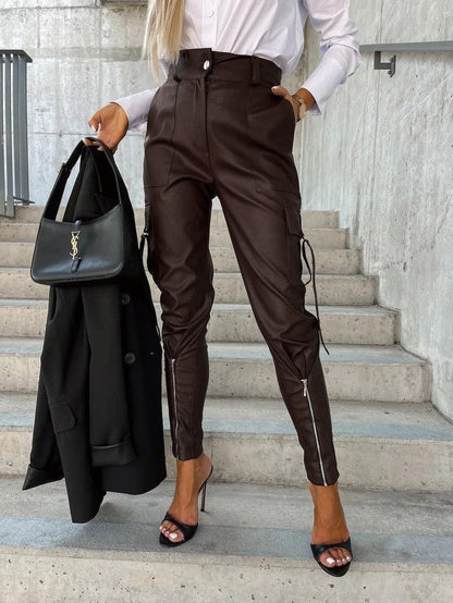 Cheky - Fashion Slim-fitting Leather Trousers Women Waist-cinching Zipper Design Pants With Pockets