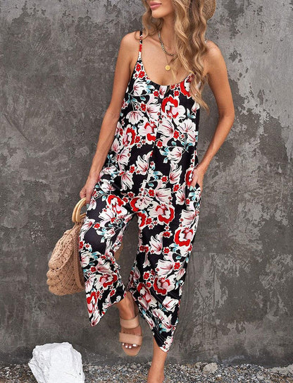 Cheky - Flowers Print Suspender Jumpsuit With Pockets Spring Summer Fashion Round-neck Overalls For Womens Clothing