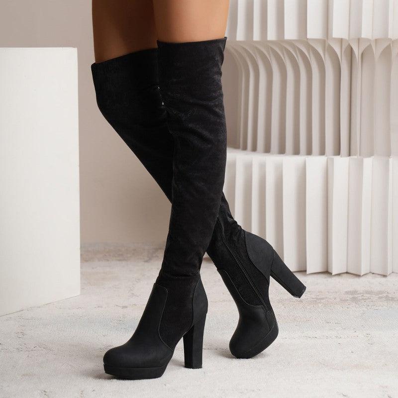 Cheky - New Long Boots For Women Elastic Suede High Square Heel Over-the-knee Boots Fashion Party Shoes Winter