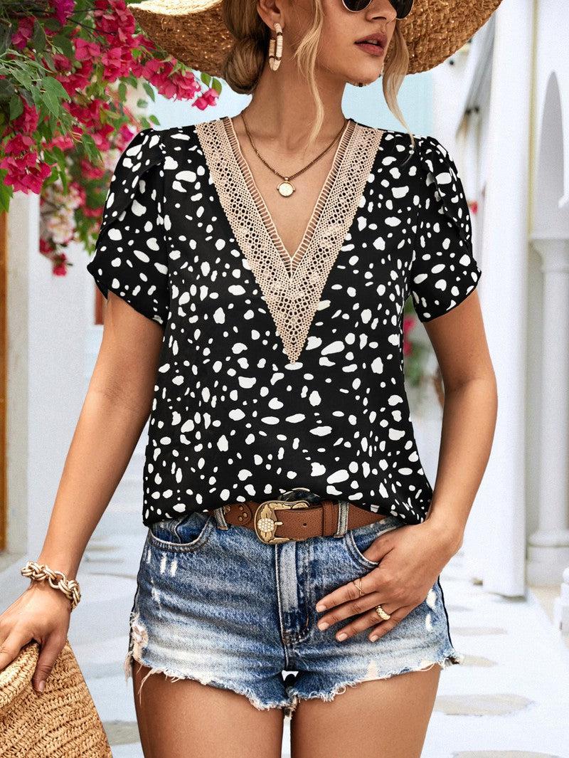 Cheky - Women's V-neck Lace Printed Shirt