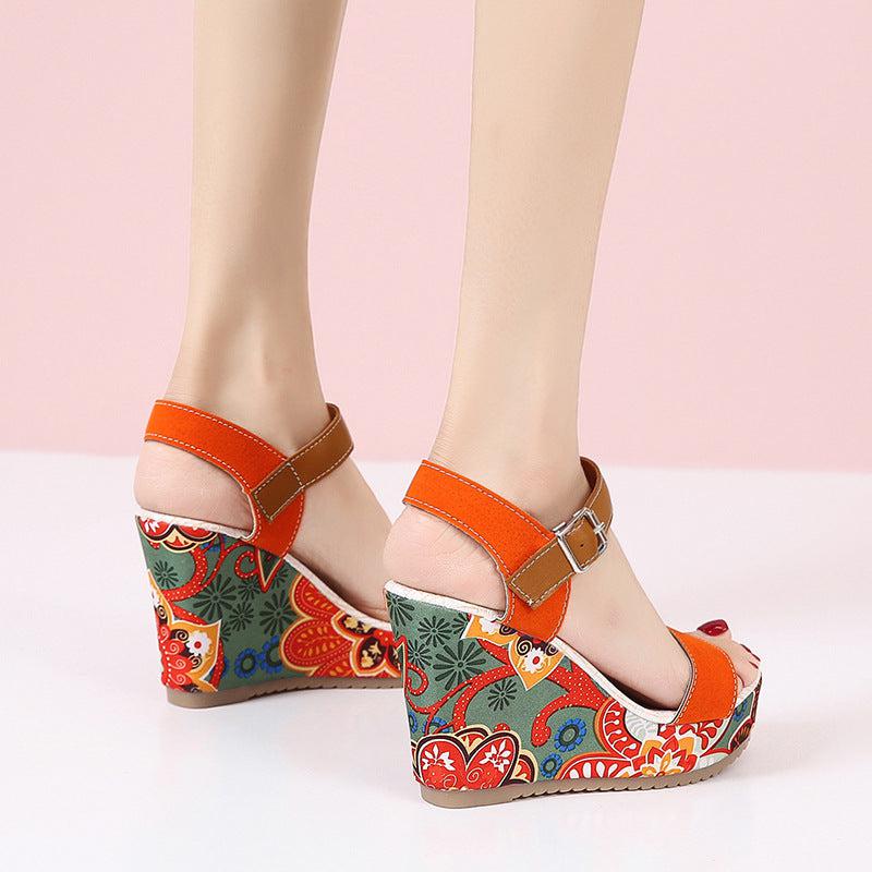 Cheky - Fashion Flowers Embroidered High Wedge Sandals For Women Summer Toe Platform Buckle Shoes