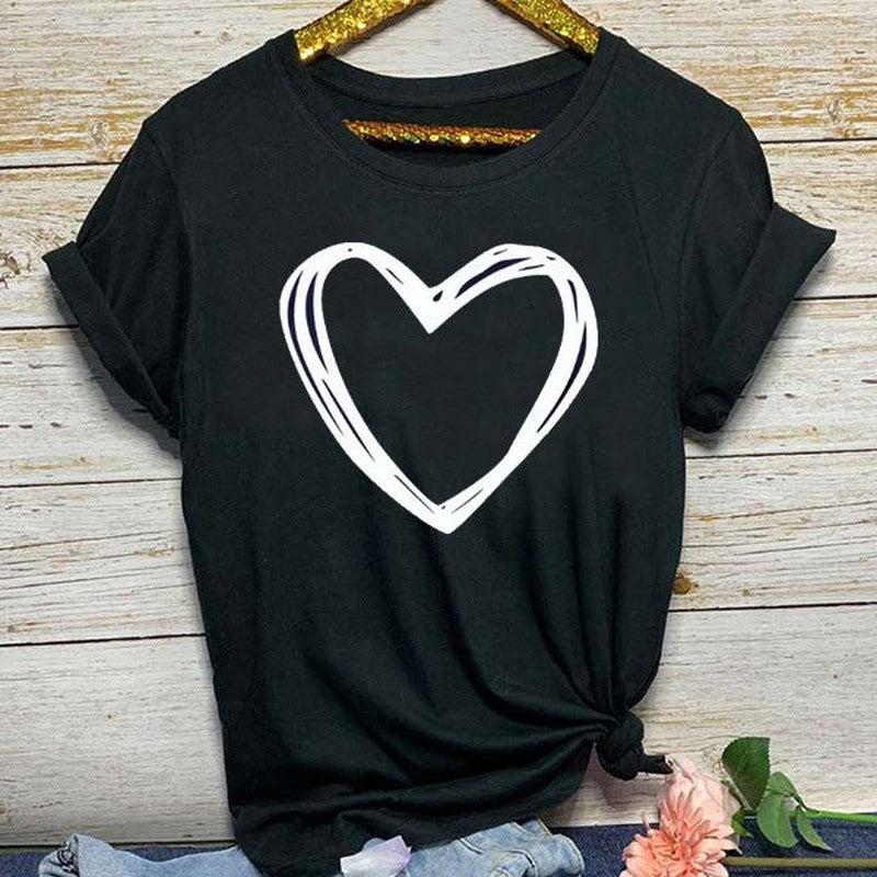 Cheky - Heart Print T Shirt Women Short Sleeve O Neck Loose Tshirt Summer Women Causal Tee Shirt Tops Clothes Camisetas Mujer