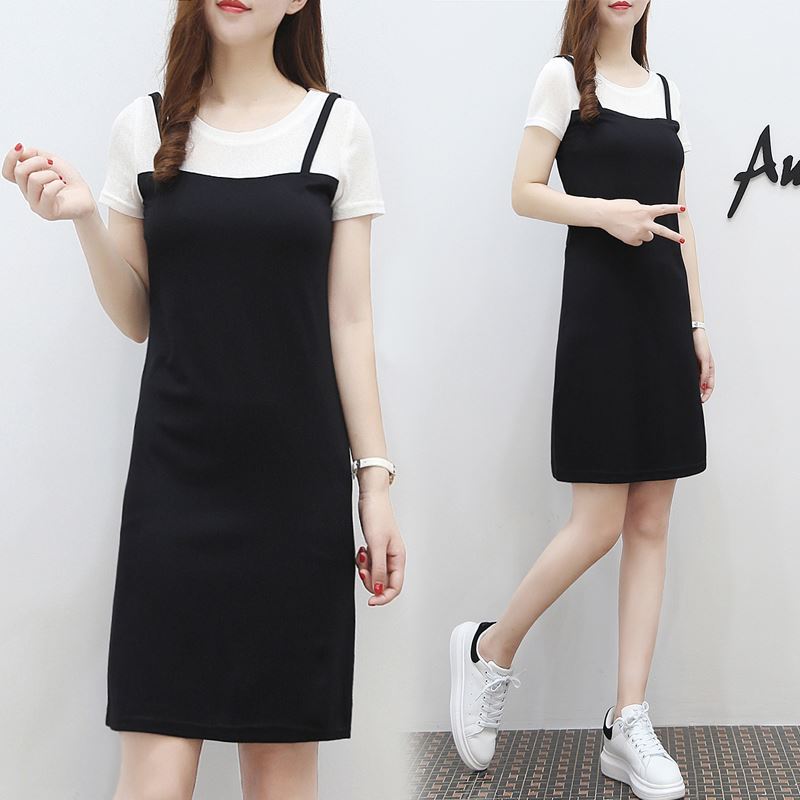 Cheky - Short sleeve mid long fake two piece suspender dress summer dress