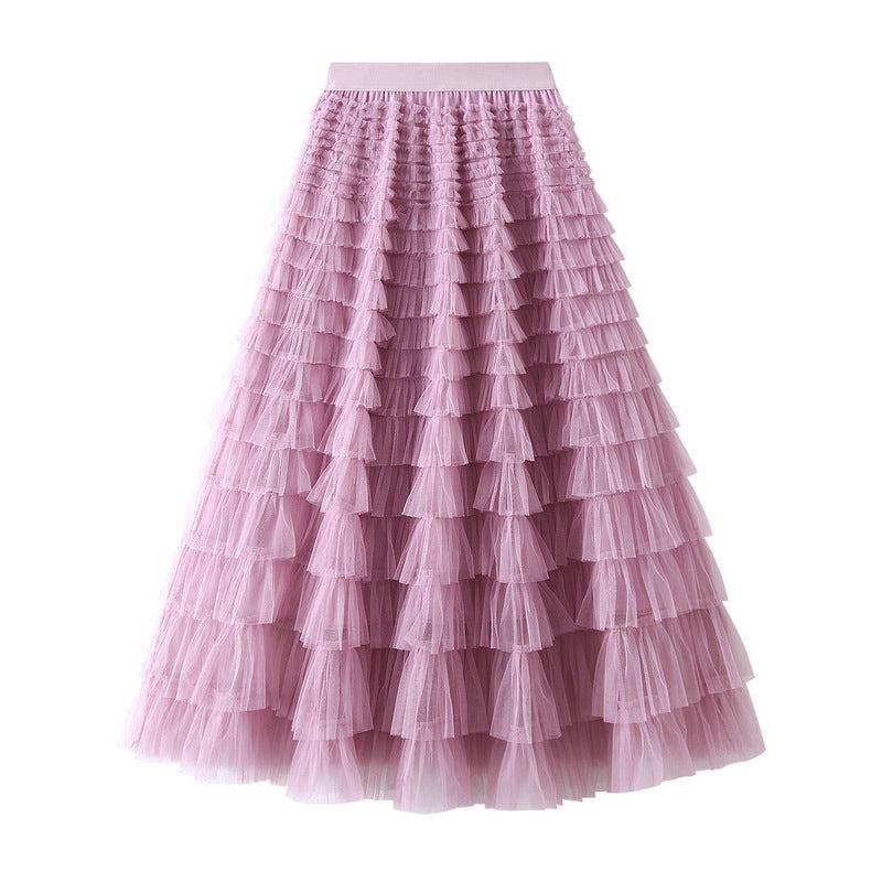 Cheky - A-Line Mesh Ruffle Skirt Women's Temperament Sweet Long Skirt Slim Cupcake Dress Womens Clothing