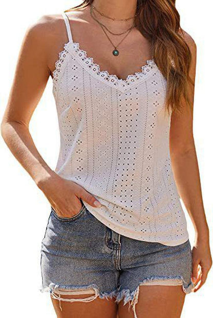 Cheky - Solid Color Hollow Lace Strappy T-shirt