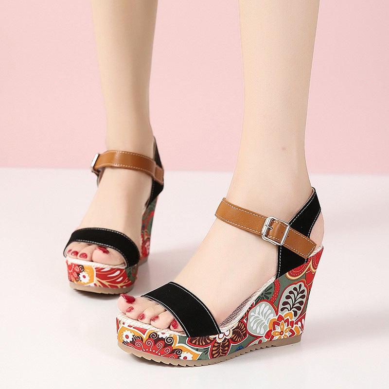 Cheky - Fashion Flowers Embroidered High Wedge Sandals For Women Summer Toe Platform Buckle Shoes