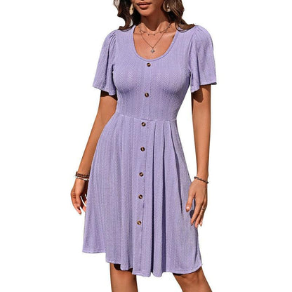 Cheky - Summer U-neck Short-sleeved Dress With Button Design Fashion Casual Solid Color Holiday Dress For Womens Clothing