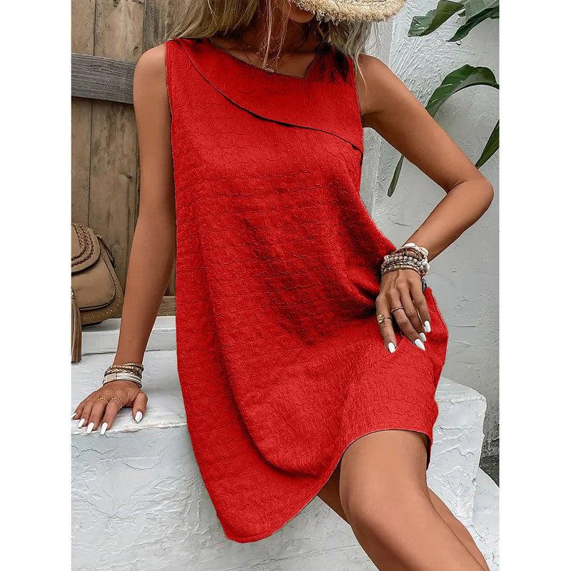 Cheky - Fashion Solid Color Sleeveless Dress Summer Slim Diagonal-neck Dresses For Womens Clothing