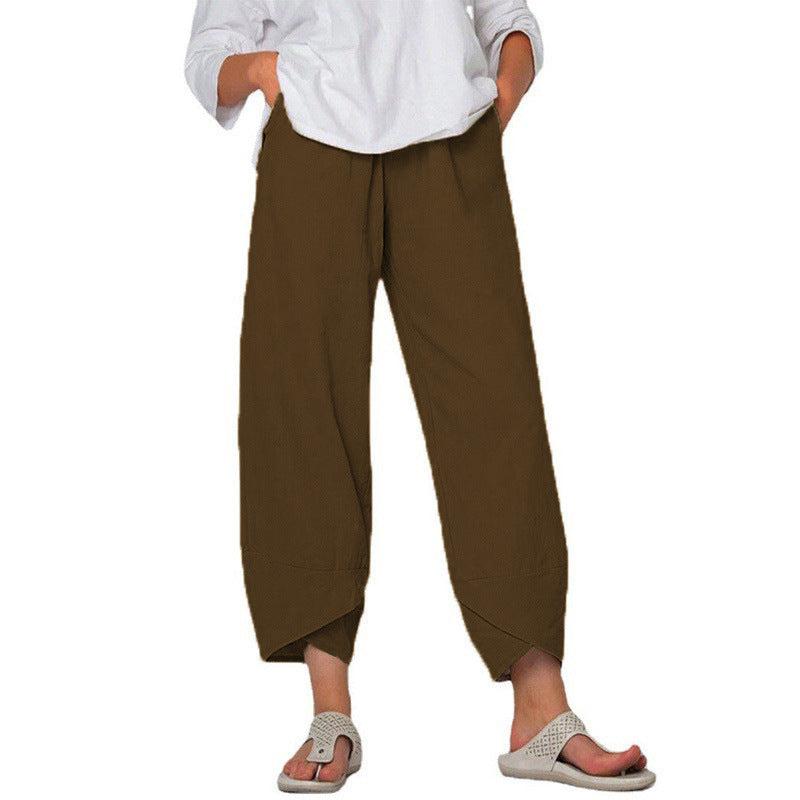 Cheky - Cotton And Linen Wide Leg Pants Solid Color High Waist Loose Casual Trousers For Women